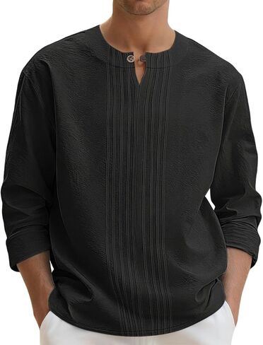 Men's Linen Shirts Casual Long Sleeve Pleated Front T-Shirt Button Henley Collared Loose Lightweight Pullover Top in Saudi Arabia