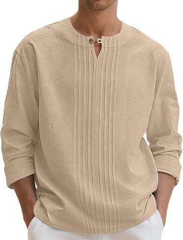 Men's Linen Shirts Casual Long Sleeve Pleated Front T-Shirt Button Henley Collared Loose Lightweight Pullover Top in Saudi Arabia