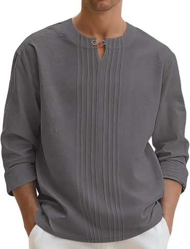 Men's Linen Shirts Casual Long Sleeve Pleated Front T-Shirt Button Henley Collared Loose Lightweight Pullover Top in Saudi Arabia