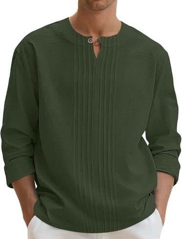 Men's Linen Shirts Casual Long Sleeve Pleated Front T-Shirt Button Henley Collared Loose Lightweight Pullover Top in Saudi Arabia
