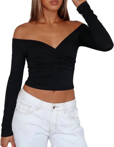 Women's Wrap V Neck Long Sleeve Crop Top Stretchy Casual Spring Yoga Blouse Workout T Shirt Coquette Going Out Top in Saudi Arabia