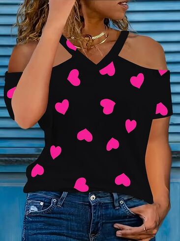 Womens V Neck Short Sleeve Shirts Cold Shoulder Heart Print Summer Slim Casual Party Tops Blouses in Saudi Arabia