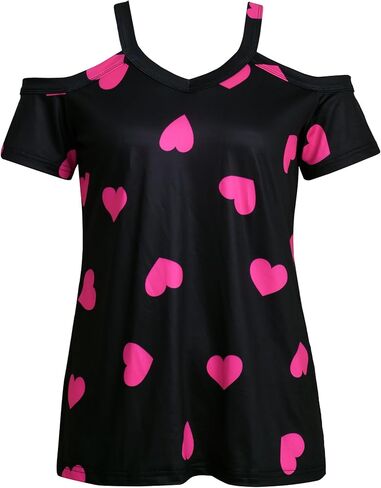 Womens V Neck Short Sleeve Shirts Cold Shoulder Heart Print Summer Slim Casual Party Tops Blouses in Saudi Arabia