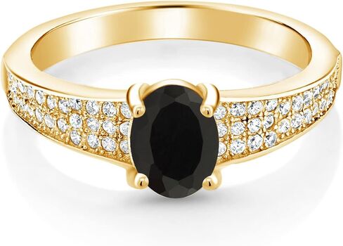Gem Stone King 18K Yellow Gold Plated Silver Black Onyx Engagement Ring For Women (2.08 Cttw, Oval 8X6MM, Gemstone December Birthstone, Size 7) in Saudi Arabia