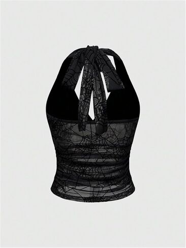 QJQ Women's Y2k Gothic Halter Top Mesh Sheer Backless V Neck Crop Tops Emo Grunge Witchy Clothes in Saudi Arabia