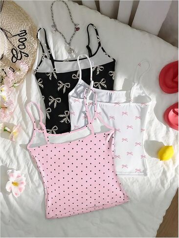 SHENHE Women's 3 Pack Camisoles Bow Print Polka Dots Y2k Coquette Spaghetti Strap Crop Tank Cami in Saudi Arabia