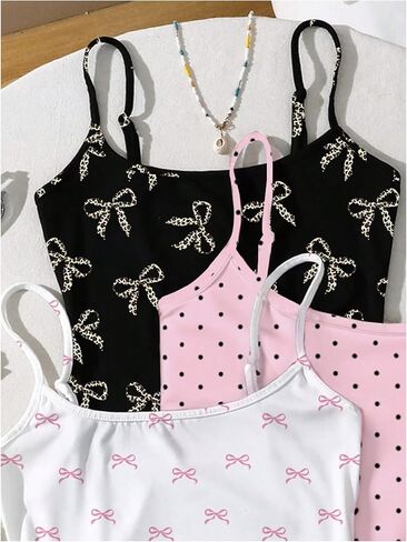 SHENHE Women's 3 Pack Camisoles Bow Print Polka Dots Y2k Coquette Spaghetti Strap Crop Tank Cami in Saudi Arabia