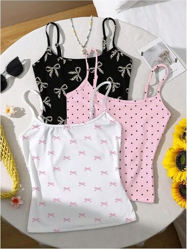 SHENHE Women's 3 Pack Camisoles Bow Print Polka Dots Y2k Coquette Spaghetti Strap Crop Tank Cami in Saudi Arabia