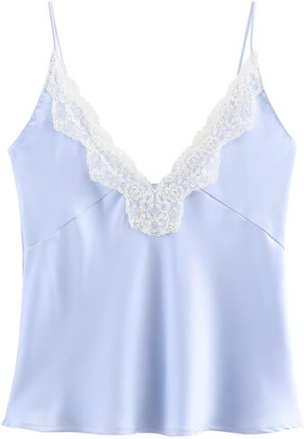 FWSAM Women Sexy Deep V Neck Silk Satin Crop Cami Top Trendy Slim Fit Spaghetti Strap Backless Lace Trim Tank Top in Saudi Arabia