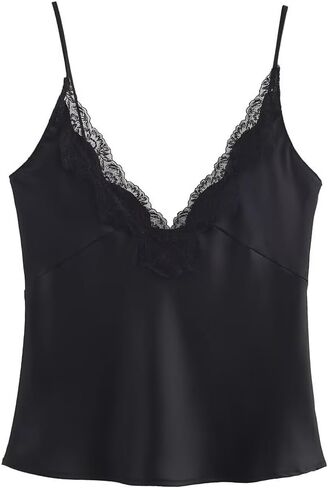 FWSAM Women Sexy Deep V Neck Silk Satin Crop Cami Top Trendy Slim Fit Spaghetti Strap Backless Lace Trim Tank Top in Saudi Arabia