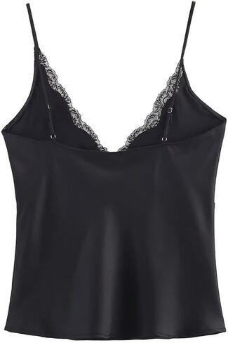 FWSAM Women Sexy Deep V Neck Silk Satin Crop Cami Top Trendy Slim Fit Spaghetti Strap Backless Lace Trim Tank Top in Saudi Arabia