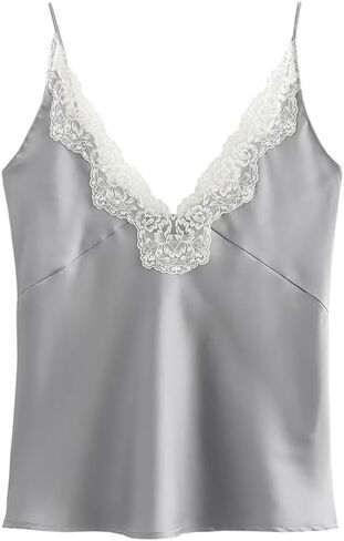 FWSAM Women Sexy Deep V Neck Silk Satin Crop Cami Top Trendy Slim Fit Spaghetti Strap Backless Lace Trim Tank Top in Saudi Arabia