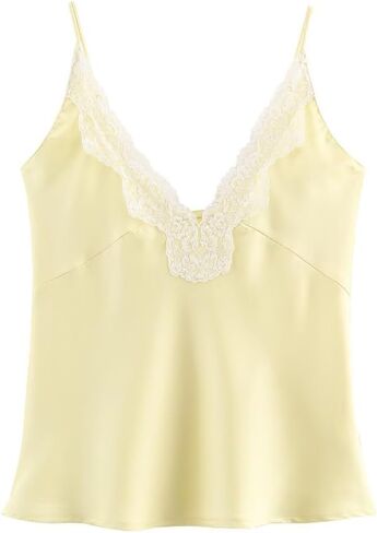 FWSAM Women Sexy Deep V Neck Silk Satin Crop Cami Top Trendy Slim Fit Spaghetti Strap Backless Lace Trim Tank Top in Saudi Arabia