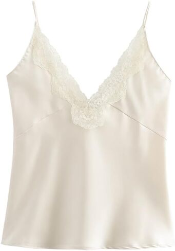FWSAM Women Sexy Deep V Neck Silk Satin Crop Cami Top Trendy Slim Fit Spaghetti Strap Backless Lace Trim Tank Top in Saudi Arabia