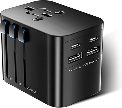 محول سفر عالمي، محول قابس السفر الأوروبي، محول قابس عالمي عالمي مع منفذين USB و2 منافذ USB C، محول طاقة عالمي كهربائي لأوروبا والمملكة المتحدة والاتحاد الأوروبي والولايات المتحدة الأمريكية (أسود) in Kuwait