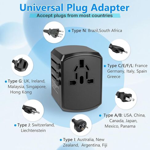 محول سفر عالمي، محول قابس السفر الأوروبي، محول قابس عالمي عالمي مع منفذين USB و2 منافذ USB C، محول طاقة عالمي كهربائي لأوروبا والمملكة المتحدة والاتحاد الأوروبي والولايات المتحدة الأمريكية (أسود) in Kuwait