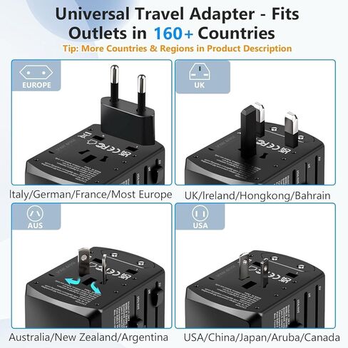 محول سفر عالمي، محول قابس السفر الأوروبي، محول قابس عالمي عالمي مع منفذين USB و2 منافذ USB C، محول طاقة عالمي كهربائي لأوروبا والمملكة المتحدة والاتحاد الأوروبي والولايات المتحدة الأمريكية (أسود) in Kuwait