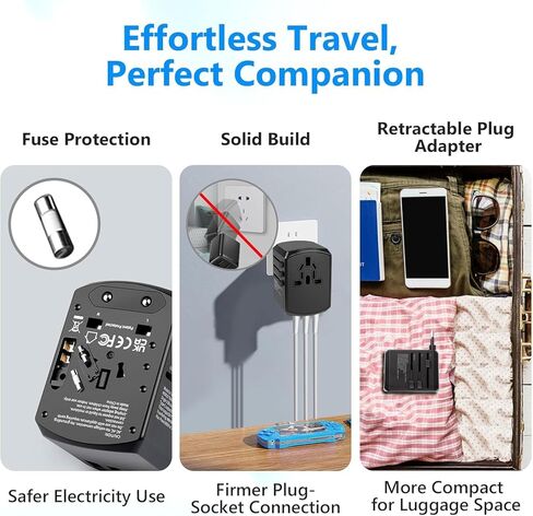 محول سفر عالمي، محول قابس السفر الأوروبي، محول قابس عالمي عالمي مع منفذين USB و2 منافذ USB C، محول طاقة عالمي كهربائي لأوروبا والمملكة المتحدة والاتحاد الأوروبي والولايات المتحدة الأمريكية (أسود) in Kuwait