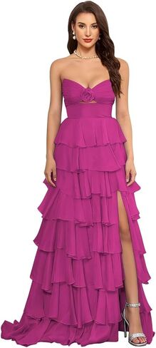 SHSUREVE Tiered Strapless Prom Dress with Slit Ruffle Long Chiffon Bridesmaid Dresses Sweetheart Evening Gowns in Saudi Arabia