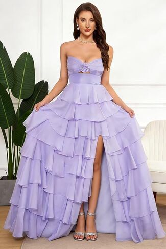 SHSUREVE Tiered Strapless Prom Dress with Slit Ruffle Long Chiffon Bridesmaid Dresses Sweetheart Evening Gowns in Saudi Arabia