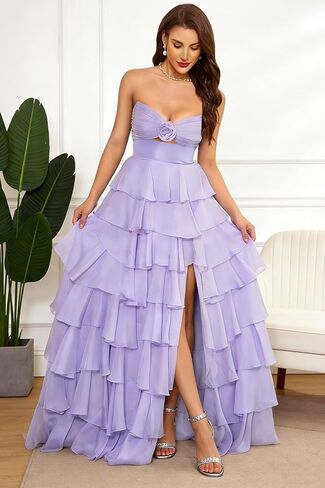 SHSUREVE Tiered Strapless Prom Dress with Slit Ruffle Long Chiffon Bridesmaid Dresses Sweetheart Evening Gowns in Saudi Arabia