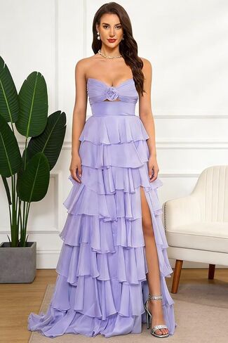 SHSUREVE Tiered Strapless Prom Dress with Slit Ruffle Long Chiffon Bridesmaid Dresses Sweetheart Evening Gowns in Saudi Arabia