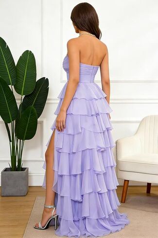 SHSUREVE Tiered Strapless Prom Dress with Slit Ruffle Long Chiffon Bridesmaid Dresses Sweetheart Evening Gowns in Saudi Arabia