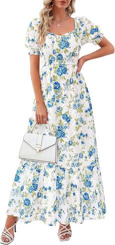 PRETTYGARDEN Women's Floral Boho Maxi Dresses Flowy Short Sleeve A Line Smocked Eyelet 2026 Summer Beach Vacation Clothes in Saudi Arabia
