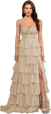 SHSUREVE Tiered Strapless Prom Dress with Slit Ruffle Long Chiffon Bridesmaid Dresses Sweetheart Evening Gowns in Saudi Arabia