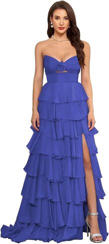 SHSUREVE Tiered Strapless Prom Dress with Slit Ruffle Long Chiffon Bridesmaid Dresses Sweetheart Evening Gowns in Saudi Arabia
