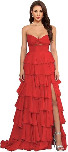 SHSUREVE Tiered Strapless Prom Dress with Slit Ruffle Long Chiffon Bridesmaid Dresses Sweetheart Evening Gowns in Saudi Arabia