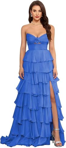 SHSUREVE Tiered Strapless Prom Dress with Slit Ruffle Long Chiffon Bridesmaid Dresses Sweetheart Evening Gowns in Saudi Arabia