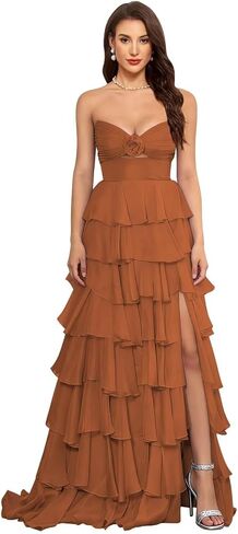 SHSUREVE Tiered Strapless Prom Dress with Slit Ruffle Long Chiffon Bridesmaid Dresses Sweetheart Evening Gowns in Saudi Arabia