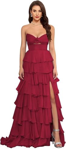 SHSUREVE Tiered Strapless Prom Dress with Slit Ruffle Long Chiffon Bridesmaid Dresses Sweetheart Evening Gowns in Saudi Arabia