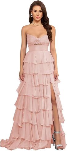 SHSUREVE Tiered Strapless Prom Dress with Slit Ruffle Long Chiffon Bridesmaid Dresses Sweetheart Evening Gowns in Saudi Arabia