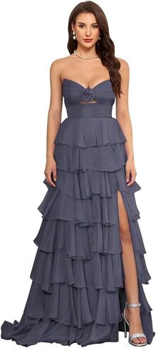 SHSUREVE Tiered Strapless Prom Dress with Slit Ruffle Long Chiffon Bridesmaid Dresses Sweetheart Evening Gowns in Saudi Arabia