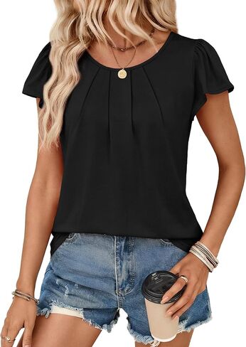 OFEEFAN Womens Summer Tops Ruffle Sleeve Pleated Front Blouses Business Casual Shirts for Women Fashion Clothes in Saudi Arabia