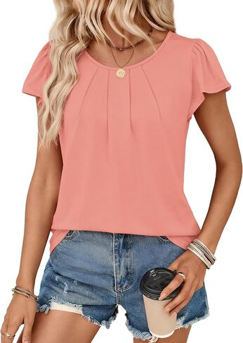 OFEEFAN Womens Summer Tops Ruffle Sleeve Pleated Front Blouses Business Casual Shirts for Women Fashion Clothes in Saudi Arabia