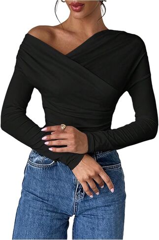 Milumia Women's Ruched One Shoulder Tops Cross Wrap Neck Long Sleeve Slim Tee Shirts in Saudi Arabia