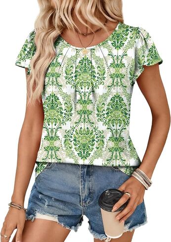 OFEEFAN Womens Summer Tops Ruffle Sleeve Pleated Front Blouses Business Casual Shirts for Women Fashion Clothes in Saudi Arabia