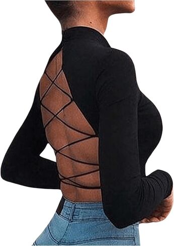 SOLY HUX Women's Open Back Tops Mock Neck Long Sleeve Criss Cross Backless T Shirt Going Out Crop Top in Saudi Arabia