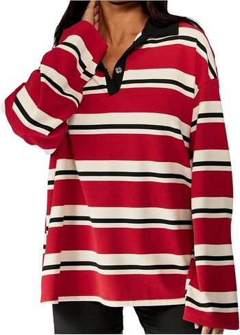 MakeMeChic Women's Striped Long Sleeve Shirt Rugby Tops Button Up Collared Preppy Tee in Saudi Arabia
