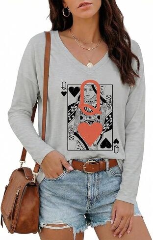قميص Queen of Hearts للنساء، تي شيرت نسائي عتيق مرح بياقة على شكل V وأكمام طويلة، تي شيرت لطيف للسيدات in Kuwait