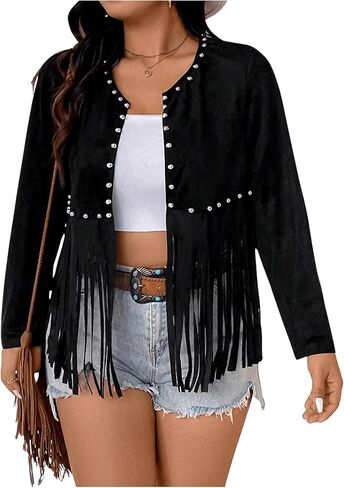 Floerns Women's Plus Size Beaded Tassel Trim Open Front Long Sleeve Music Festival Jacket in Saudi Arabia