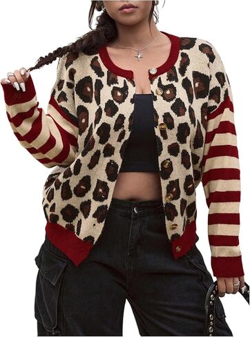 SOLY HUX Women's Plus Size Leopard Cardigan Cheetah Print Striped Button Down Long Sleeve Knit Sweater Fall Cardigans in Saudi Arabia