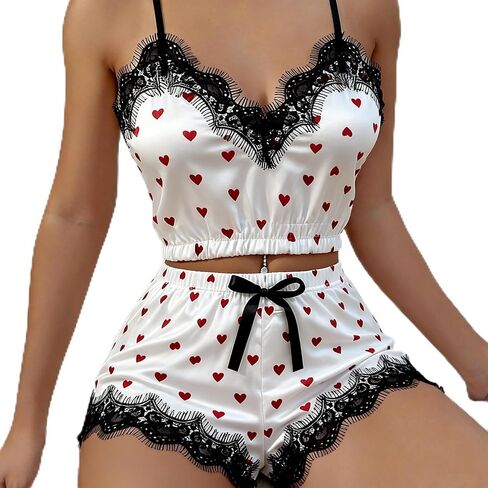 SGYHO Valentines Day Pajamas Set for Women Lace Trim Cami Top & Shorts Sleepwear Love Heart Graphic Romantic Nightwear in Saudi Arabia