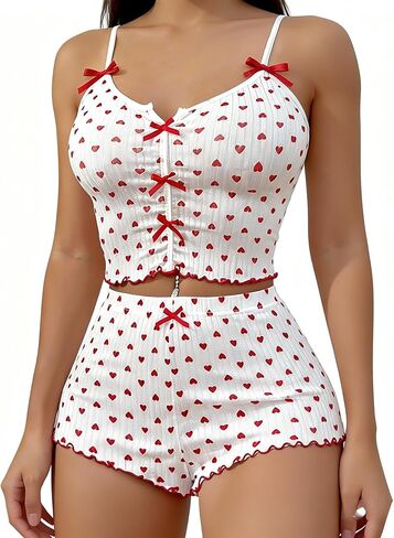 SGYHO Valentines Day Pajamas Set for Women Lace Trim Cami Top & Shorts Sleepwear Love Heart Graphic Romantic Nightwear in Saudi Arabia