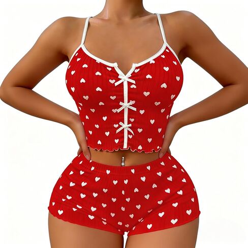 SGYHO Valentines Day Pajamas Set for Women Lace Trim Cami Top & Shorts Sleepwear Love Heart Graphic Romantic Nightwear in Saudi Arabia