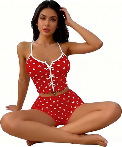 SGYHO Valentines Day Pajamas Set for Women Lace Trim Cami Top & Shorts Sleepwear Love Heart Graphic Romantic Nightwear in Saudi Arabia