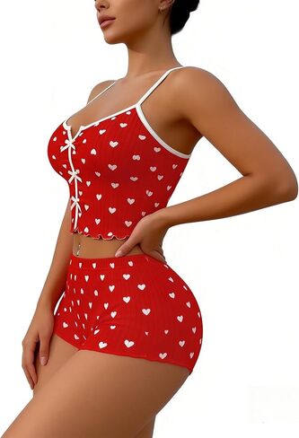 SGYHO Valentines Day Pajamas Set for Women Lace Trim Cami Top & Shorts Sleepwear Love Heart Graphic Romantic Nightwear in Saudi Arabia